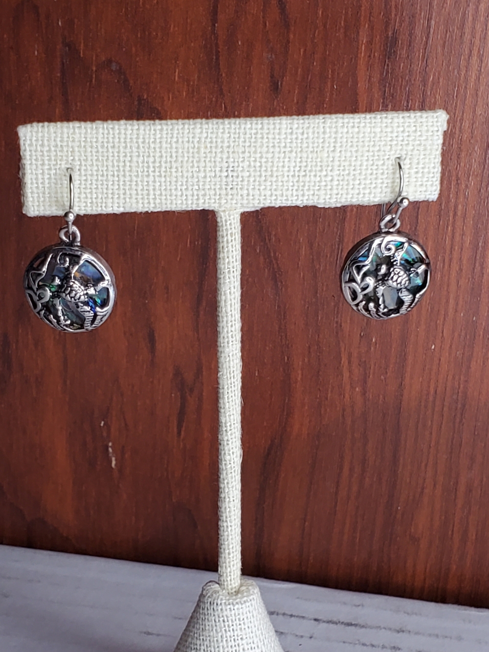 Sea Turtle Silver Abalone Shell Floral Drop Earrings - Green Blue Accent